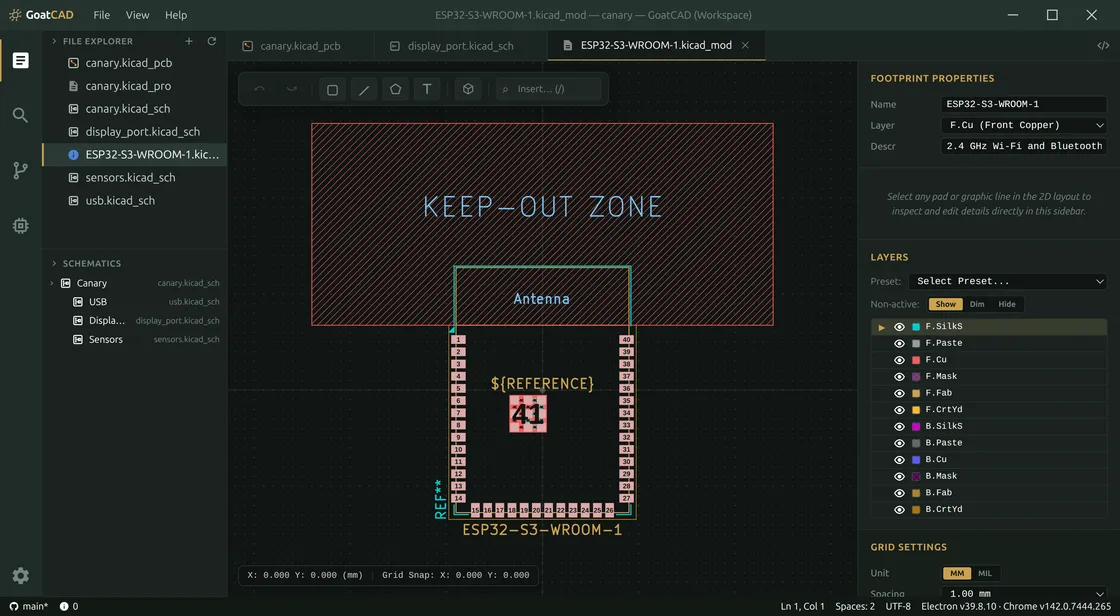 The same window on the footprint tab — an ESP32-S3-WROOM-1 module open in the footprint editor with its pads, antenna keep-out zone and layer list.