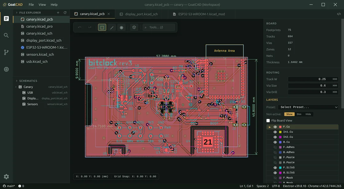 GoatCAD with a four-layer board open in the PCB editor — board, schematic and footprint tabs in one window, board stats, routing defaults and the layer stack on the right.