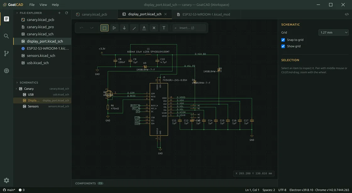 The same window on the schematic tab — a display-port sheet open in the schematic editor, project tree and sheet hierarchy on the left.